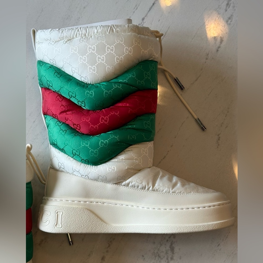 Gucci White, Green, and Red nylon monogram snow boots